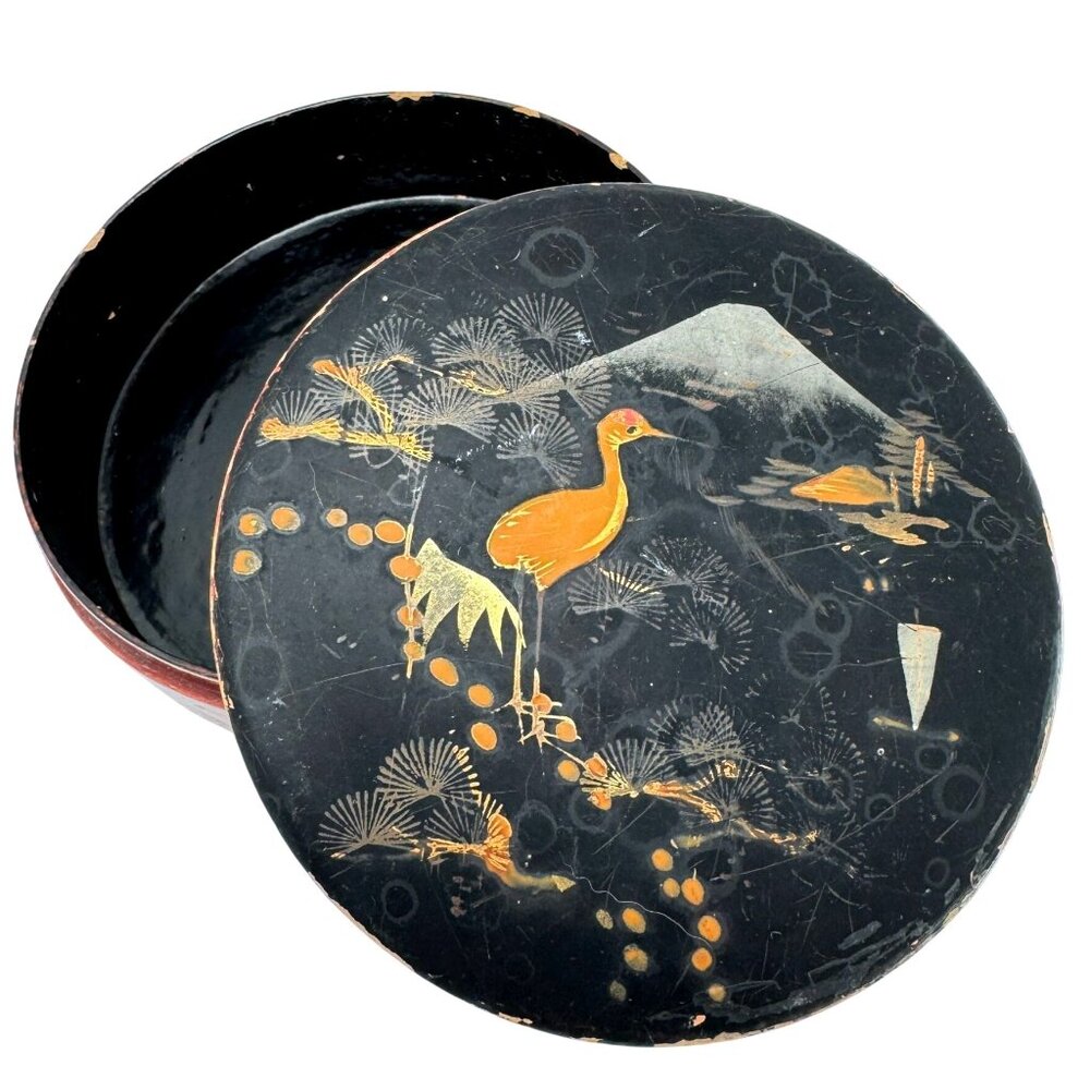 Japanese Lacquered Trinket Box Crane Mt. Fuji Design Round 5" Diameter Vintage